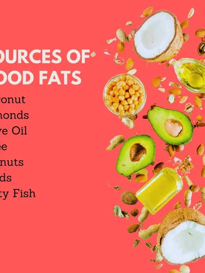 Here are some excellent sources of good fats that you should include in your diet: coconut, almonds, olive oil, ghee, peanuts, seeds, and fatty fish.