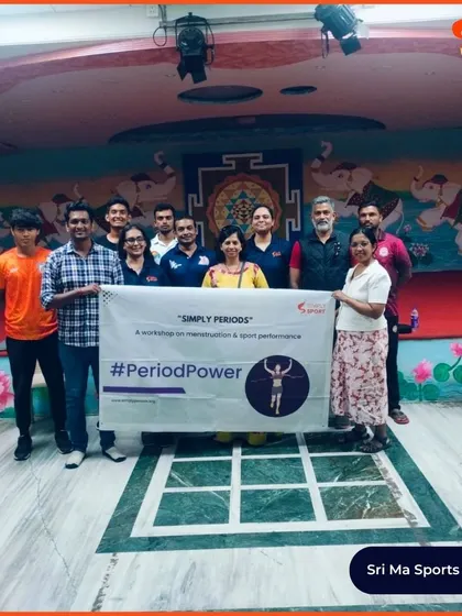 The team and participants of the 'Simply Periods' workshop at Sri Ma Sports Academy pose with our #PeriodPower banner. This photo represents a shared commitment to a more informed and supportive sports culture.
