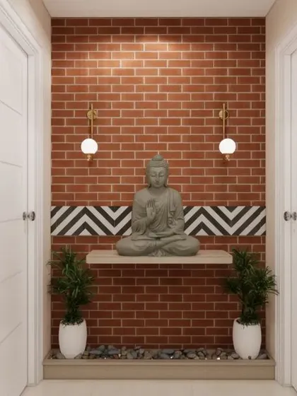 This detail shot from our 3D concept highlights the tranquil niche with a Buddha statue, set against a rustic brick wall. It’s a perfect example of how we create peaceful corners within a home.