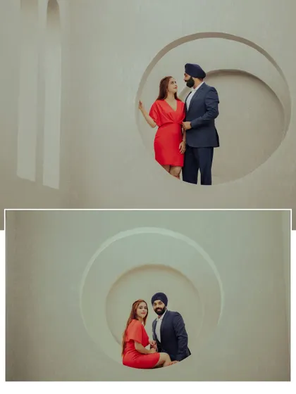 A creative collage using circular frames within the architecture. These shots play with perspective and composition, adding an artistic flair to the pre-wedding album.