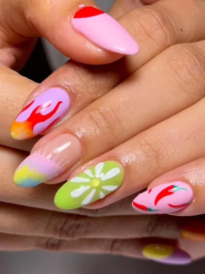 A full view of this eclectic and colorful nail art set. This demonstrates the creative freedom and technical skill you will develop in our hand-drawn art workshops.