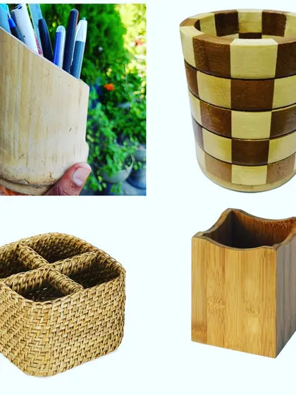 We offer a variety of stationary holders made from bamboo and woven cane. These utility holders are perfect for organizing pens, cutlery, or other small items on a desk, and can be included in corporate gift hampers.