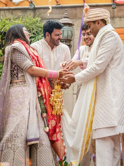 The kaleerey ceremony, a fun and candid moment shared with family and friends at this intimate Delhi wedding.