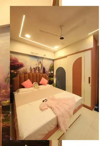 A collage of a princess-themed bedroom, showing the beautiful castle wallpaper, custom bed, and functional study area.