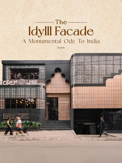 The facade for Idyllic in Indiranagar is our ode to pre-modern Indian architecture, reinterpreted for a contemporary urban streetscape. The monumental form, crafted from copper and glass blocks, serves as a gateway, hinting at the ceremoniously Indian experience that lies within.