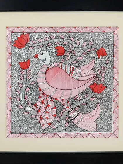 This Madhubani artwork by Rinki Joshi features a graceful pink bird surrounded by red tulips. The piece has a gentle, storybook quality, created through soft colors and flowing lines.