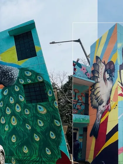 A dynamic angle of the peacock and sparrow murals, showing how they interact with the building's corners and windows.
