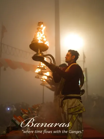 A collection of images from the Ganga Aarti ceremony at different ghats. They showcase the synchronized movements, the brilliant fire, and the spiritual atmosphere of the evening prayer.