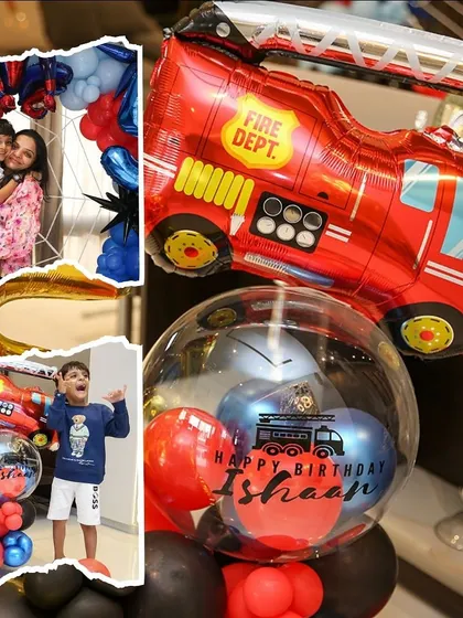 A collage showing happy clients with their Spider-Man and firetruck themed birthday decor. I love seeing the joy my creations bring to the little ones.