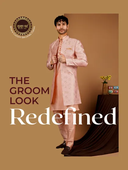 The groom look, redefined. A model in a pink floral Indo-Western sherwani, offering a soft yet stylish option for wedding celebrations.