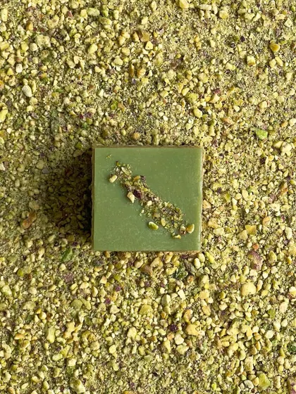 An overhead shot of the pistachio opera gateau. The green is so rich and natural, coming from finely ground pistachios.