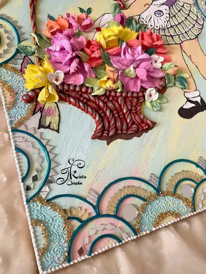 An angled view of the rectangular wall art, showing the intricate textured border design.