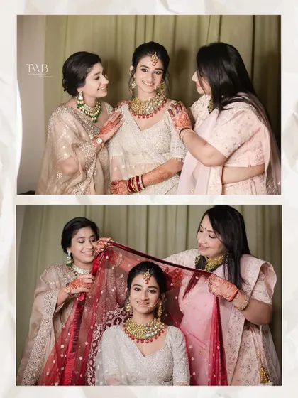 A heartwarming moment between the bride and her sisters. They help her with her veil, sharing smiles and love just before the ceremony begins.