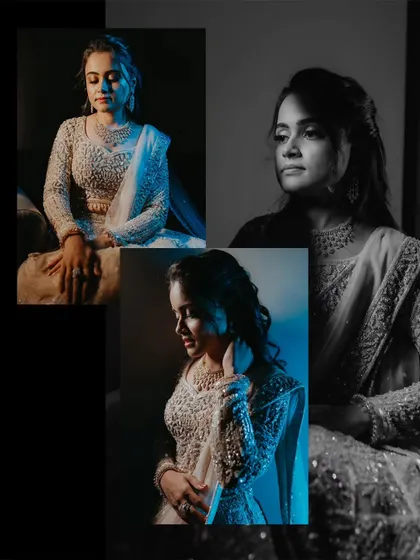 A collage of artistic bridal portraits, using a mix of color, black and white, and dramatic blue lighting to create different moods.