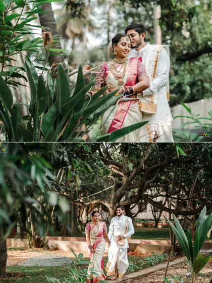 A collage of a couple walking and posing in a beautiful, lush garden.