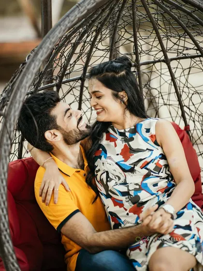 A playful and fun pre-wedding shot. The makeup is fresh and minimal, perfect for a casual and joyful theme.