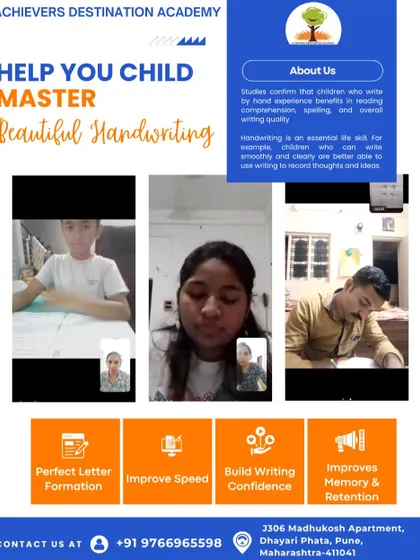 This graphic details the benefits of our handwriting program in Dhayari Phata, Pune. We help children master perfect letter formation, improve writing speed, and build confidence, which also enhances memory and retention.