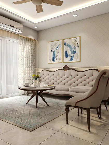 A cozy and classic living room with a tufted sofa and traditional wooden chairs. The space feels warm, timeless, and perfect for quiet conversations.