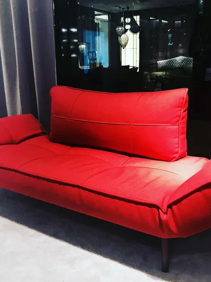This versatile red piece can function as a daybed, a bench, or a minimalist sofa. Its simple, legless design and plush upholstery make it a comfortable and stylish addition to a lounge area or a contemporary bedroom.