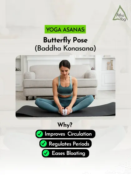 Butterfly Pose (Baddha Konasana) is also beneficial for PCOS. It helps improve circulation in the pelvic region, can regulate periods, and eases bloating.