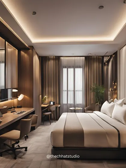 A perfect example of a hotel-inspired bedroom sanctuary. This design features a large, comfortable bed, a dedicated work desk, and layered lighting, all within a warm, wood-toned palette to ensure a relaxing and productive stay.
