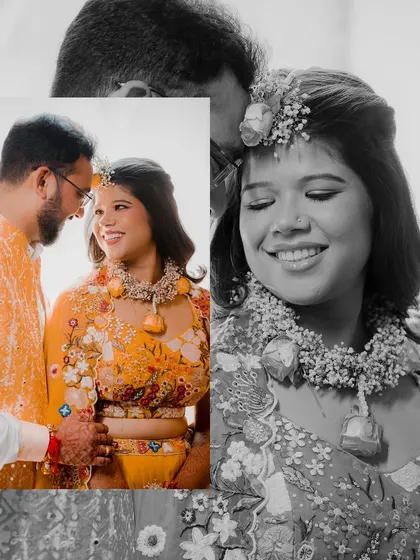 A collection of images from a beautiful Haldi ceremony. The couple's bright yellow outfits shine against the white architectural backdrop, capturing the joy and tradition of this pre-wedding ritual.