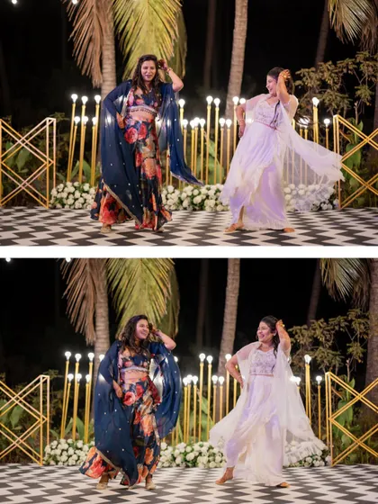 A collage of the bride and her friends performing a beautifully choreographed dance at the Sangeet.