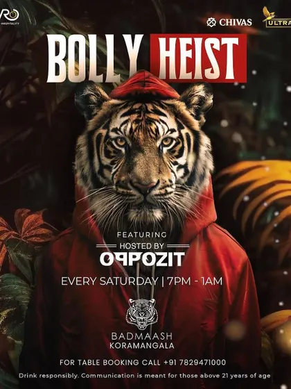 The poster for my weekly Saturday residency, 'Bolly Heist', at Badmaash Koramangala.