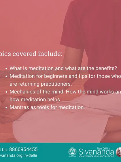 This graphic lists the core topics covered in our Meditation 1 course. You will learn what meditation is, how the mind works, and how to use mantras to focus your awareness.