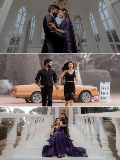 A collage showcasing Utsav and Shalini's elegant pre-wedding shoot. From a vintage car to a grand staircase, these shots tell a story of classic, black-tie romance.