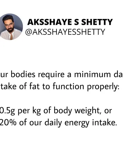 Fats are an essential macronutrient. Our bodies require a minimum daily intake of fat, around 0.5g per kg of body weight or 20% of daily energy intake, to function properly.