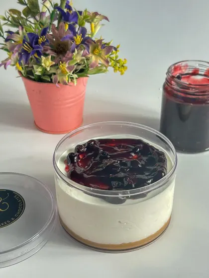 A clear view of my blueberry cheesecake tub, showing the distinct layers of crust, creamy filling, and fruit topping. It's a complete dessert experience in one tub.