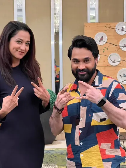 On set with actress Radhika Narayan for the talk show "Masti Masala". I created a simple yet elegant look that was perfect for the camera and the conversational format of the show.