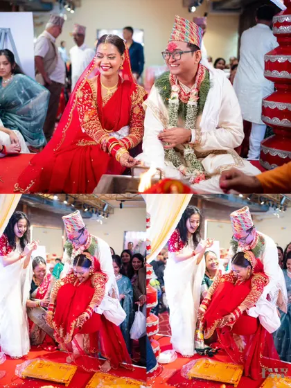 A collage of the wedding ceremony, showing the couple participating in the rituals and the playful moments that follow.