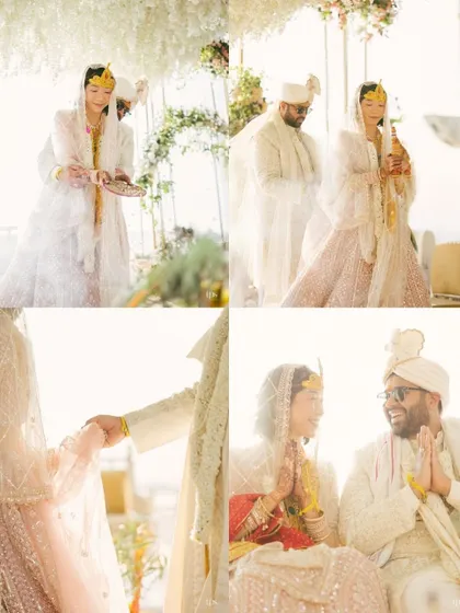 A collage of sacred moments from the wedding ceremony. These images capture the rituals and the couple's shared reverence and joy.