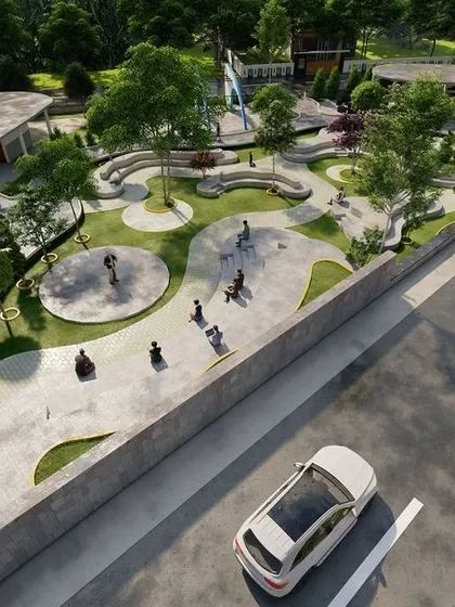Another perspective of the 'Take A Break' project, highlighting the free-form, organic shapes of the walkways and green spaces. This design encourages leisurely strolling and provides various seating areas for individuals and groups.