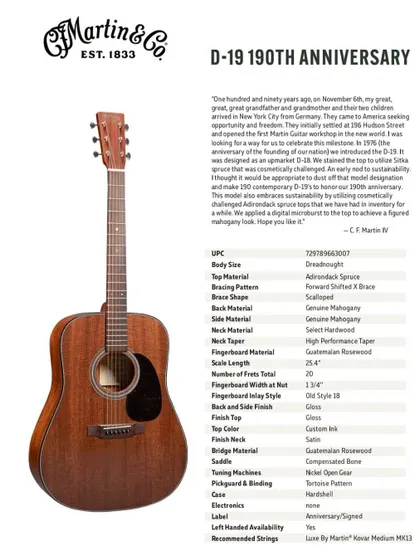 A collector's piece, the Martin D-19 190th Anniversary edition. This graphic provides the full specifications of this limited-run dreadnought, celebrating nearly two centuries of Martin's guitar-making legacy.