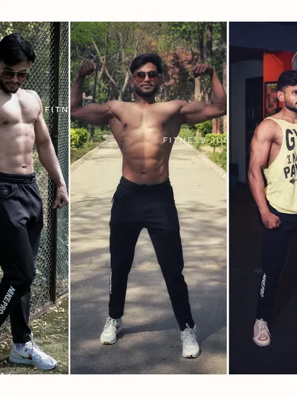 This set of three images shows the versatility of a fitness shoot, combining indoor and outdoor locations. It provides a variety of looks, from intense gym poses to more relaxed, powerful stances in a natural environment.