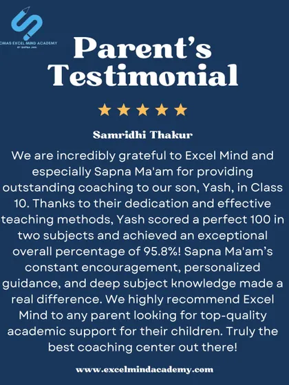 The trust of our parents is our biggest achievement. We are grateful for this testimonial highlighting how our personalized guidance helped Yash score a perfect 100 in two subjects and achieve an overall percentage of 95.8% in Class 10.