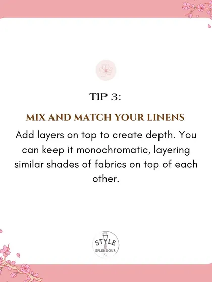 Tip 3: Mix and match your linens. Adding layers on top of your tablecloth creates depth and texture. You can keep it monochromatic or play with contrasting colors for a bolder look.