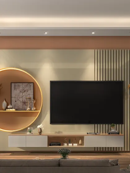 Redefine your entertainment zone with this contemporary TV unit. The design features a unique circular shelf with integrated lighting, fluted panels, and a floating console for a sleek, modern aesthetic.