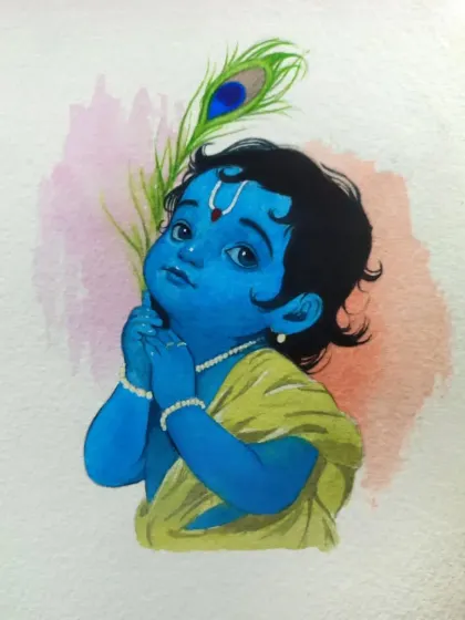 A watercolor painting of Baal Gopal in a moment of quiet innocence. The soft background and gentle expression are meant to evoke a feeling of peace and devotion. This piece is available as a print.