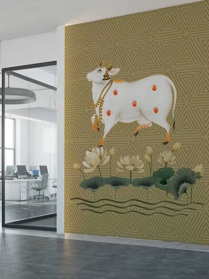 This office space is infused with cultural richness through our Sacred Indian Traditional Pichwai Cow wallpaper. It’s a unique design that adds a touch of tradition to a contemporary workspace.