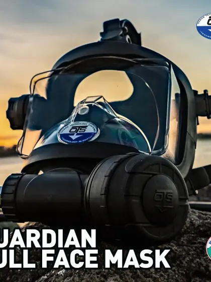 The OTS Guardian Full-Face Mask, pictured at sunset, is engineered for seamless underwater communication. Its integrated port allows for easy connection to a Buddy Phone or other OTS comms units, ensuring you stay connected with your team.
