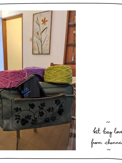 Our patron Ameeta's Kit Bag in Black Lace Moss, perfectly holding her knitting supplies. It's a great example of how our bags can be adapted for various hobbies and uses.