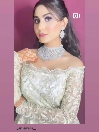 A model wearing an off-shoulder gown with a simple, elegant diamond choker. This is a classic look for any formal event.