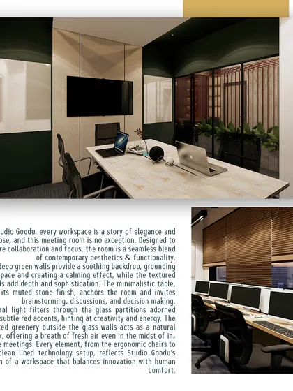 This image explains the design thinking behind our meeting room. I used deep green walls, a minimalist stone-finish table, and natural light to create a space that balances innovation with human comfort.