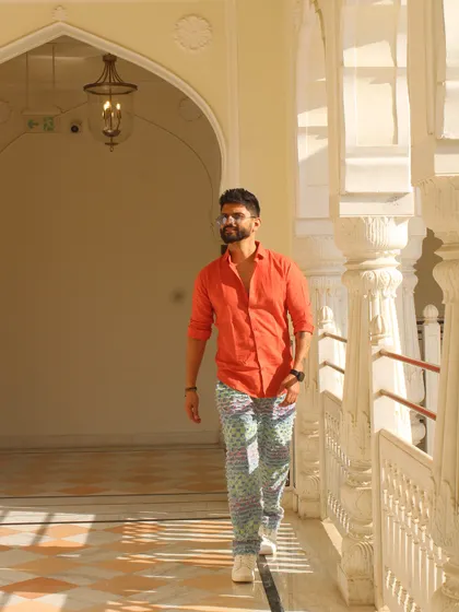 A full-length shot of a quirky and colorful outfit. I'm not afraid to experiment with fashion.