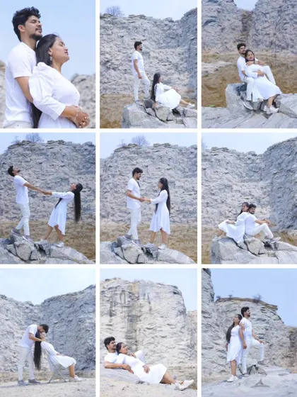 A collage showcasing a series of romantic pre-wedding photos in a stunning quarry location, with the couple dressed in all white.
