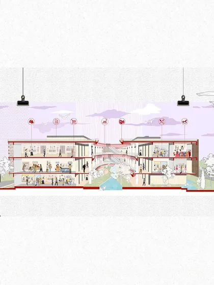 This full sectional view of the conceptual retail plaza hangs like a piece of art, illustrating the entire ecosystem of the project. It shows how different programmatic elements are connected by bridges and open-air corridors, all surrounded by nature.